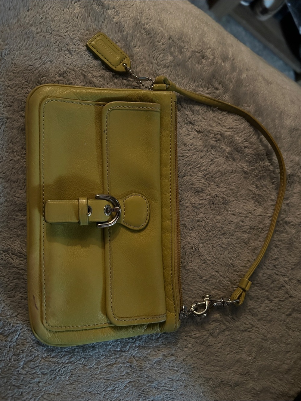 Vintage Coach Chartreuse Leather Wristlet Clutch with Buckle Detail